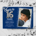 Cheers to Sixteen 16th Birthday Photo Invitation<br><div class="desc">Celebrate the grand milestone of turning sixteen with our elegant birthday party invitations. With a customisable trendy blue background, a personal photo spot, and silver accents, these invitations are sure to leave a lasting impression. The silver helium balloon details add a touch of magic, while the modern 16th birthday text...</div>