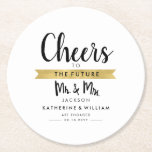 Cheers To The Future Mr and Mrs Custom Unique Round Paper Coaster<br><div class="desc">Use these custom "Cheers to the Future Mr. and Mrs." coasters to decorate your engagement party. The design features the words "Cheers" and "Mr. & Mrs." in a beautiful black hand-lettered font and a faux gold foil ribbon under the words "The Future." Personalise the design by replacing the sample text....</div>