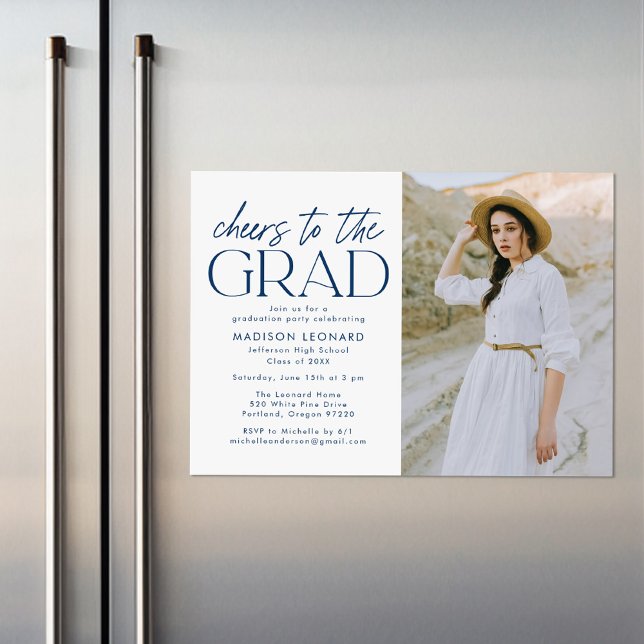 Cheers to the Grad Navy Photo Graduation Party Magnetic Invitation (Creator Uploaded)