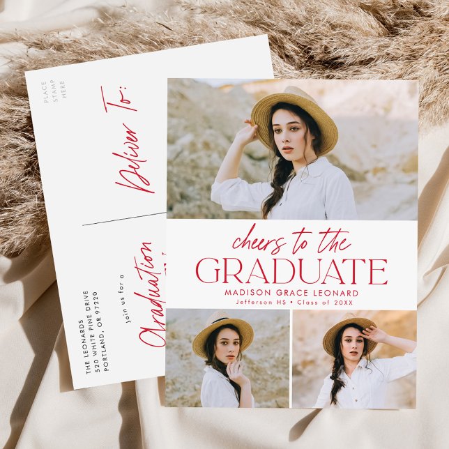 Cheers to the Grad Red 3 Photo Graduation Party Invitation Postcard (Creator Uploaded)