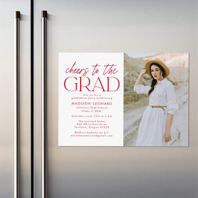 Cheers to the Grad Red Photo Graduation Party Magnetic Invitation (Creator Uploaded)