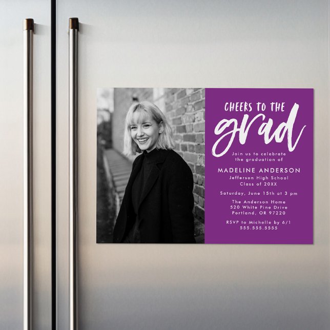 Cheers to the Grad Script Purple Graduation Party Magnetic Invitation (Creator Uploaded)