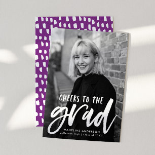 Cheers to the Grad Script Purple Photo Graduation Announcement