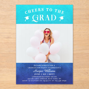 Cheers To The Grad Trendy Modern Photo Blue Acrylic Invitations