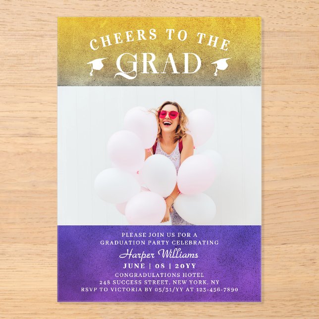 Cheers To The Grad Trendy Modern Photo Purple Gold Acrylic Invitations (Front)