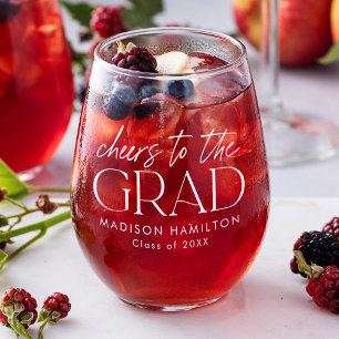 Cheers to the Grad White Script Graduation Stemless Wine Glass