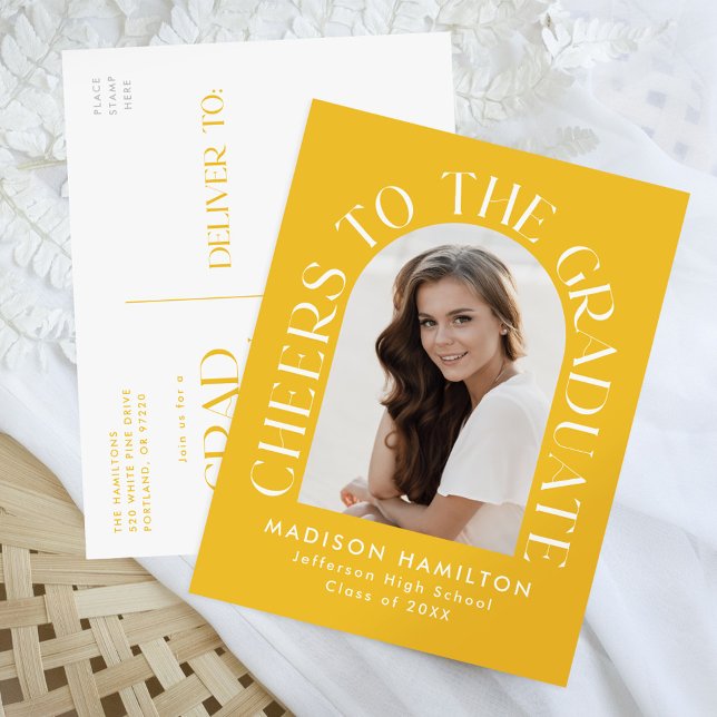 Cheers to the Graduate Arch Photo Graduation Party Invitation Postcard (Creator Uploaded)