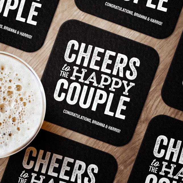 Cheers to the happy couple black rehearsal dinner square paper coaster (Creator Uploaded)