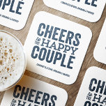 Cheers to the happy couple blue wedding rehearsal square paper coaster<br><div class="desc">Before your wedding day, have some fun with a "Brews Before I Do's" celebration. Whether it's a rehearsal dinner, bachelor party or engagement party, this fun bold coaster design is perfect for a brewery or beer-themed celebration. This "cheers to the happy couple" original design can also be personalised with the...</div>