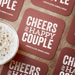 Cheers to the happy couple brick red wedding square paper coaster<br><div class="desc">Before your wedding day, have some fun with a "Brews Before I Do's" celebration. Whether it's a rehearsal dinner, bachelor party or engagement party, this fun bold coaster design is perfect for a brewery or beer-themed celebration. This "cheers to the happy couple" original design can also be personalised with the...</div>