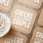 Cheers to the happy couple kraft rehearsal dinner square paper coaster<br><div class="desc">Before your wedding day, have some fun with a "Brews Before I Do's" celebration. Whether it's a rehearsal dinner, bachelor party or engagement party, this fun bold coaster design is perfect for a brewery or beer-themed celebration. This "cheers to the happy couple" original design can also be personalised with the...</div>
