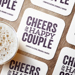 Cheers to the happy couple purple wedding square paper coaster<br><div class="desc">Before your wedding day, have some fun with a "Brews Before I Do's" celebration. Whether it's a rehearsal dinner, bachelor party or engagement party, this fun bold coaster design is perfect for a brewery or beer-themed celebration. This "cheers to the happy couple" original design can also be personalised with the...</div>