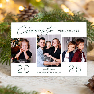 Cheers to the New Year 2023 Festive Green 3 Photo Holiday Card