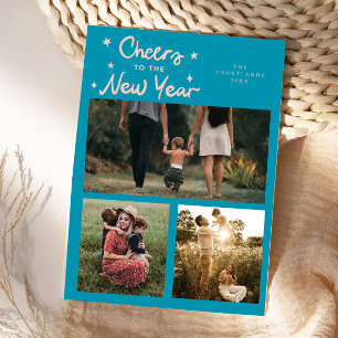 Cheers To The New Year Aqua Blue Multi Photo Holiday Card