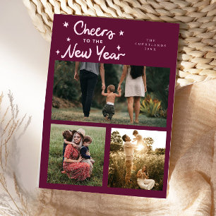 Cheers To The New Year Cranberry Multi Photo Holiday Card