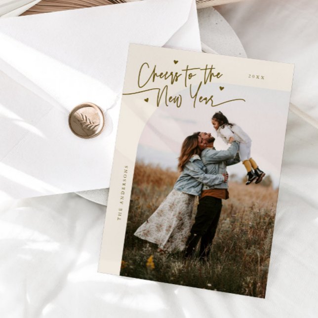 Cheers To The New Year Cream Curved Frame Photo Holiday Card (Creator Uploaded)