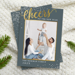 Cheers to the New Year Gray Gold Glitter Photo Holiday Card