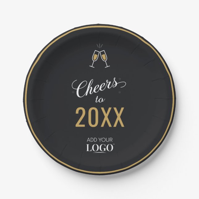Cheers to the New Year Modern Black Business Logo Paper Plate (Front)