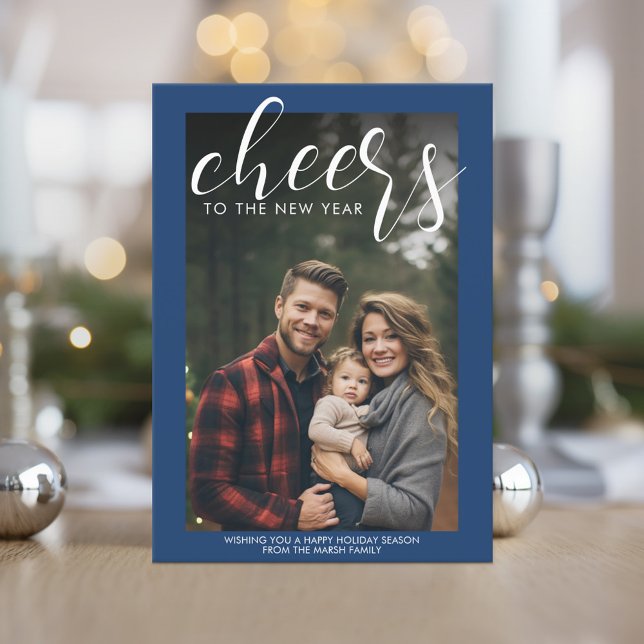 Cheers to the New Year Navy Blue - Vertical Photo Holiday Card (Cheers to the New Year - Photo Greeting)
