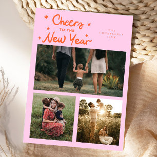 Cheers To The New Year Orange Pink Multi Photo Holiday Card