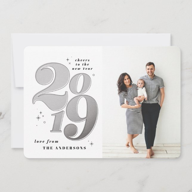 Cheers to the new year silver 2019 photo holiday card (Front)