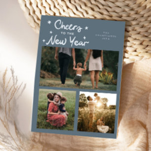 Cheers To The New Year Slate Blue Multi Photo Holiday Card