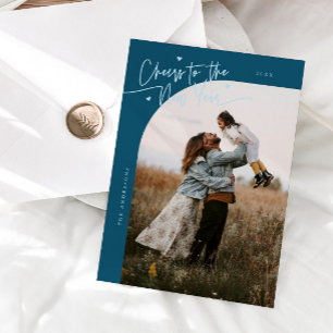 Cheers To The New Year Teal Curved Frame Photo Holiday Card