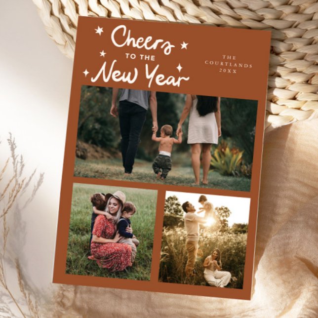 Cheers To The New Year Terracotta Multi Photo Holiday Card (Creator Uploaded)