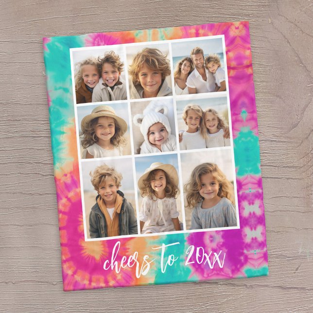 Cheers to the New Year Tie-Dye Teal 70s Vibe Fleece Blanket (A tie dye design with 9 photos and a place to add text)