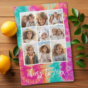 Cheers to the New Year Tie-Dye Teal 70s Vibe Tea Towel