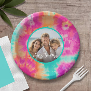 Cheers to the New Year Tie-Dye Teal Photo 70s Vibe Paper Plate