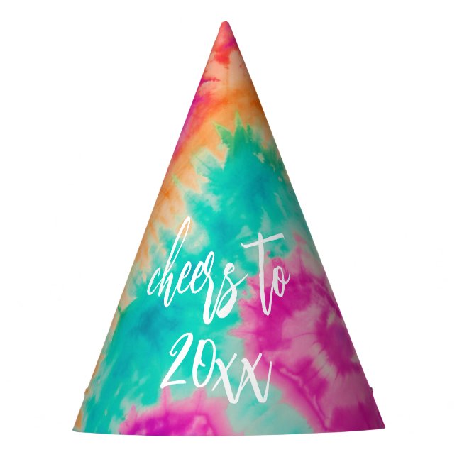 Cheers to the New Year Tie-Dye Teal Photo 70s Vibe Party Hat (Front)