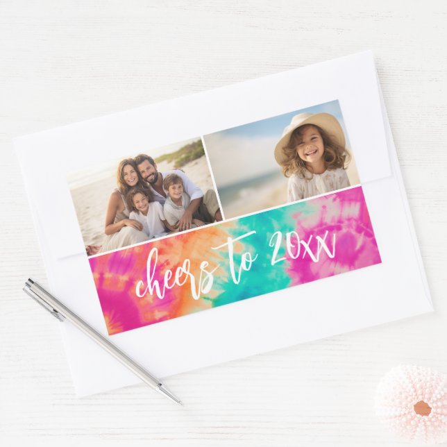 Cheers to the New Year Tie-Dye Teal Photo 70s Vibe Rectangular Sticker (Envelope)