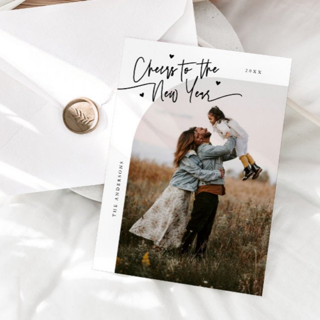 Cheers To The New Year White Curved Frame Photo Holiday Card (Creator Uploaded)