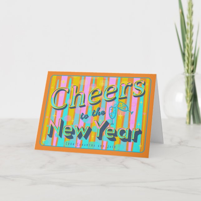 Cheers To The New Year With Fun Retro Colours Holiday Card (Front)