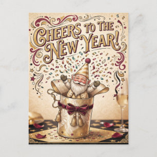 "Cheers to the New Year!" with Gnome in a Gift Box Holiday Postcard