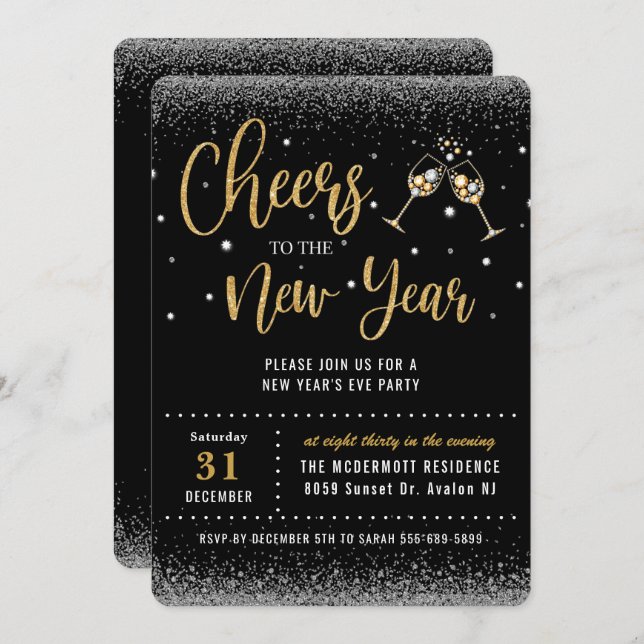 Cheers to the New Year's Eve Party Black Gold  Invitation (Front/Back)