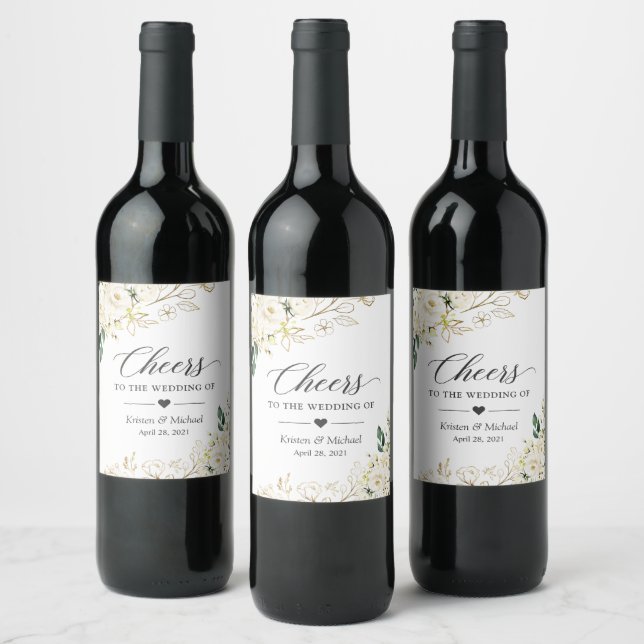 Cheers To The Wedding Elegant White Rose Floral Wine Label (Bottles)