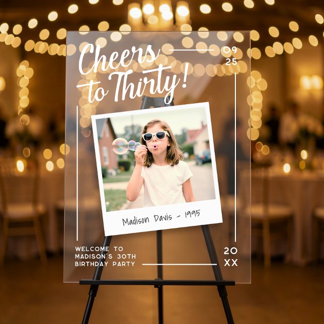 Cheers to Thirty 30 Retro Photo Birthday Welcome Acrylic Sign (Creator Uploaded)