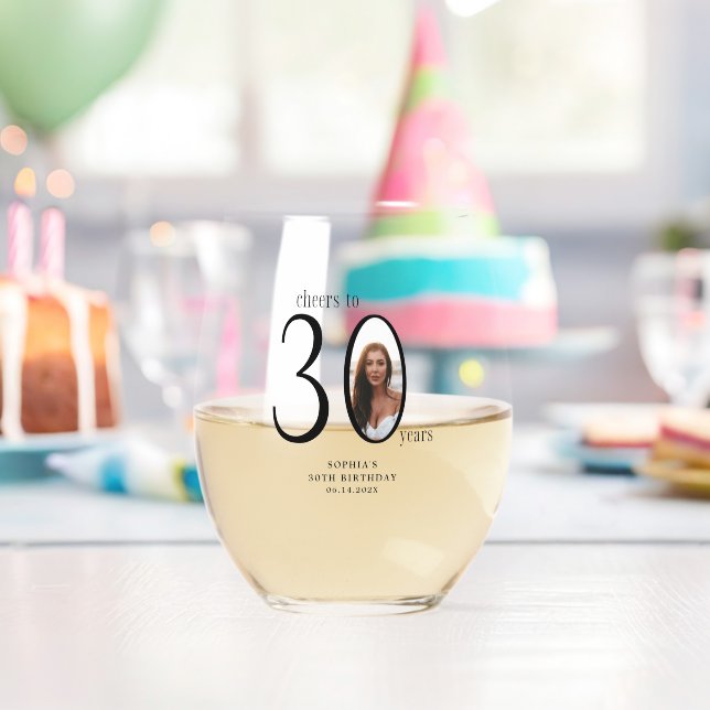Cheers to Thirty Minimal Photo 30th Birthday Stemless Wine Glass (Insitu (Birthday))
