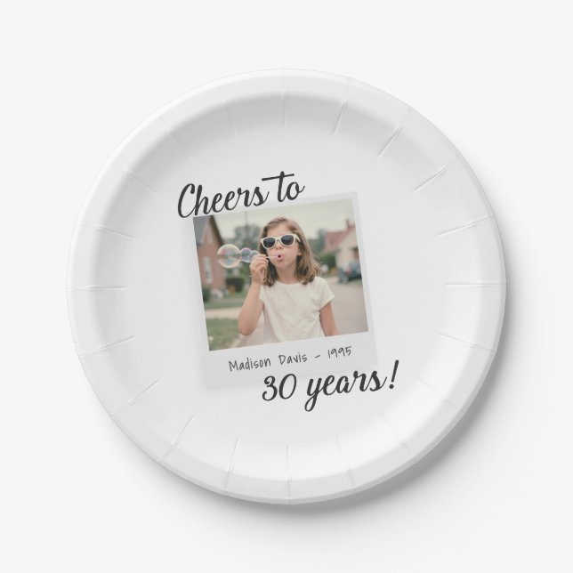 Cheers to Thirty Years 30 Retro Photo Birthday  Paper Plate (Front)