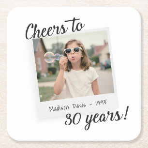 Cheers to Thirty Years 30 Retro Photo Birthday Square Paper Coaster
