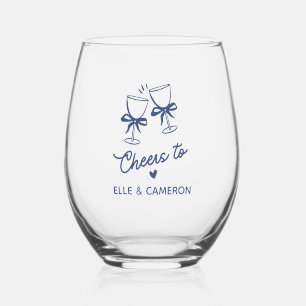 Cheers to Wedding Couple, Fun, Hand Drawn Custom Stemless Wine Glass