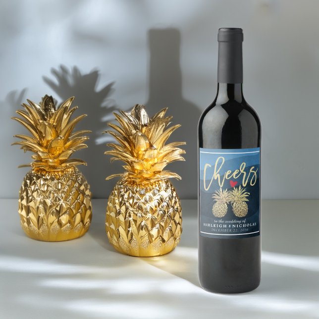 Cheers To Wedding Gold Pineapple Couple Navy Blue  Wine Label (Creator Uploaded)