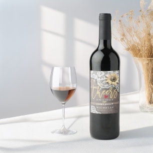 Cheers To Wedding Lace Sunflower Rustic Wood Light Wine Label