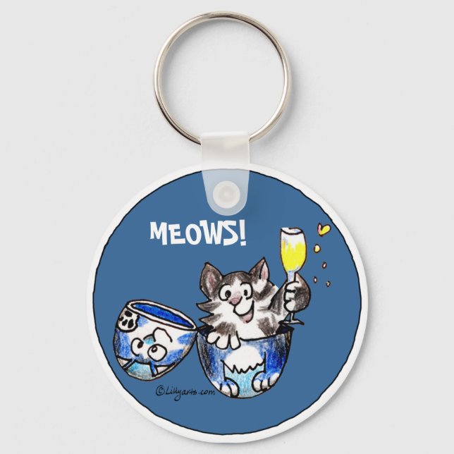 Cheers Toasting  Kitty Cat Cartoon Cute Keychains (Front)
