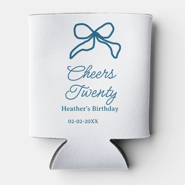 Cheers twenty blue birthday bow name date boho ret can cooler (Front)
