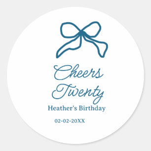 Cheers twenty blue birthday bow name date boho ret classic round sticker