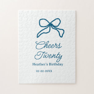 Cheers twenty blue birthday bow name date boho ret jigsaw puzzle