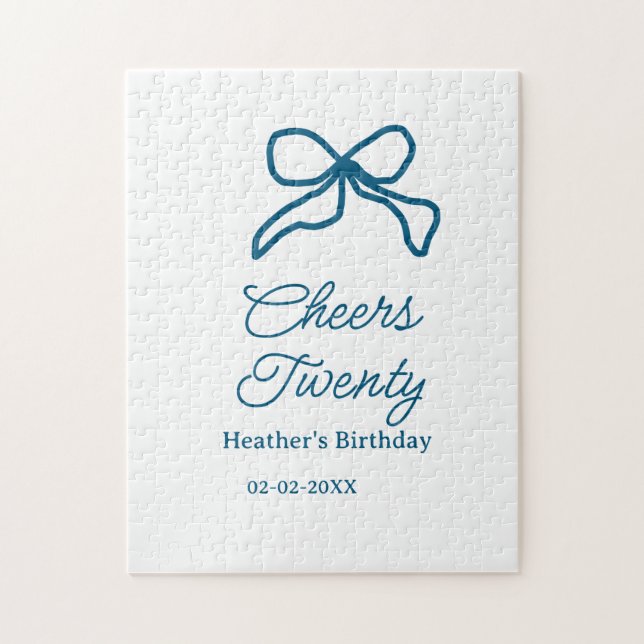 Cheers twenty blue birthday bow name date boho ret jigsaw puzzle (Vertical)